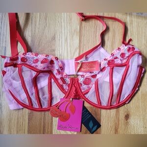 Playful Promises Squish Bra NWT Pink and Red Floral Embroidered 34DDD/E UK34E